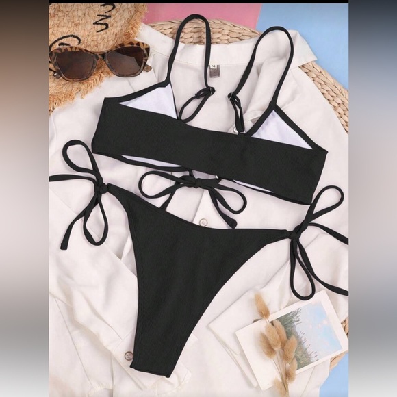 Women’s Black Ribbed Drawstring Bikini Set Size Small - Picture 2 of 10